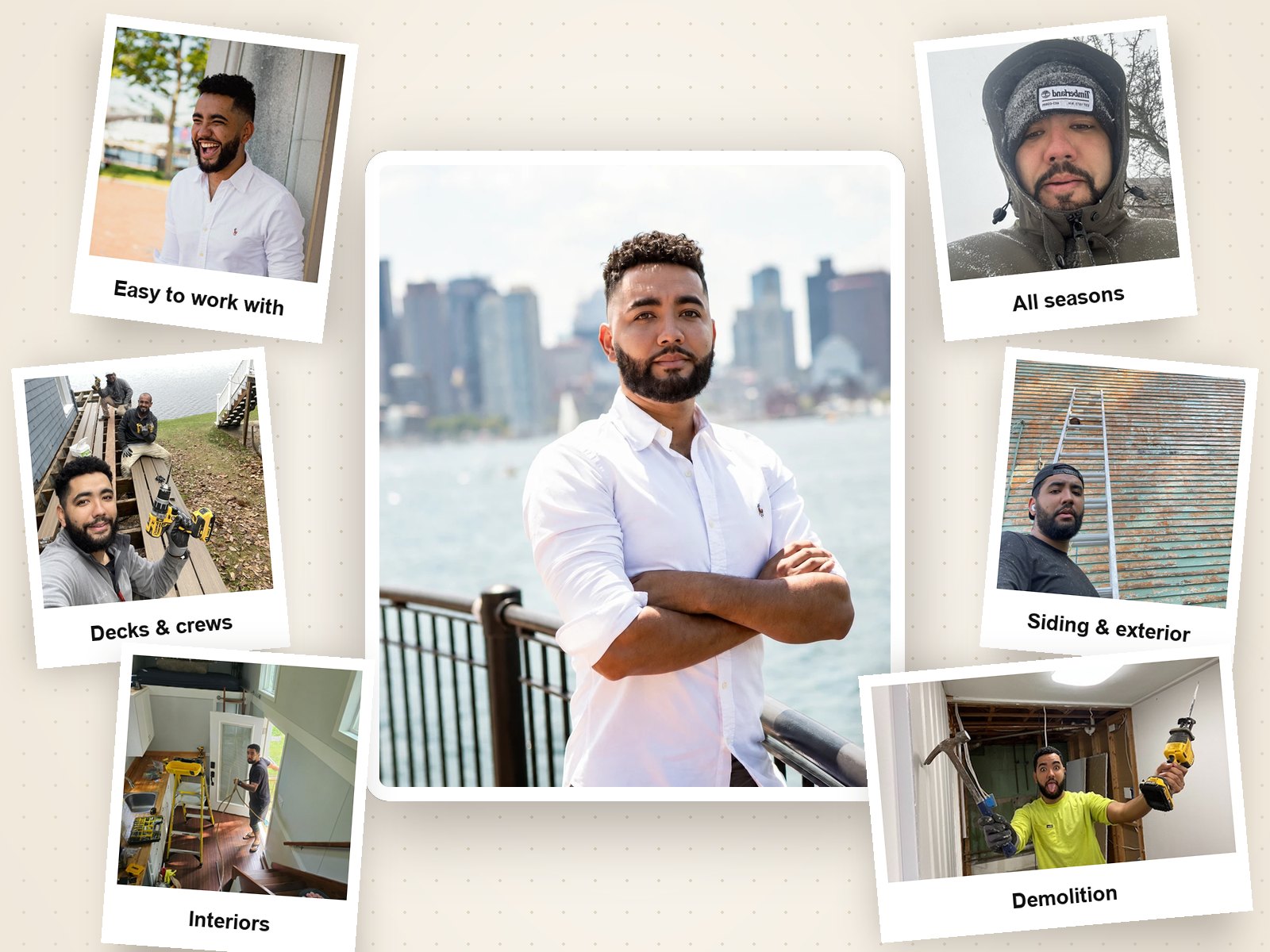 Mateus Magno at the center, surrounded by photos of him on the job: demolition, decks, siding, interiors and work in every season