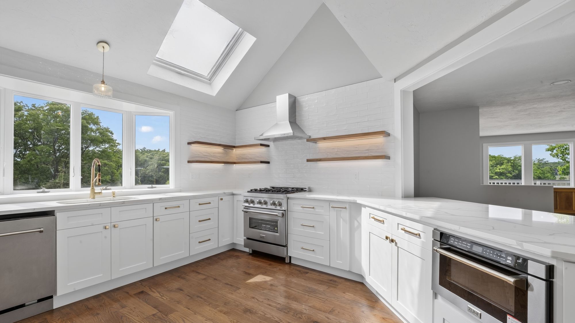 Vaulted white kitchen with skylight, Essex MA