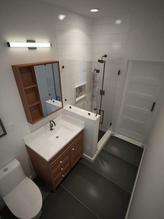 3D design of a bathroom with wood vanity and glass shower