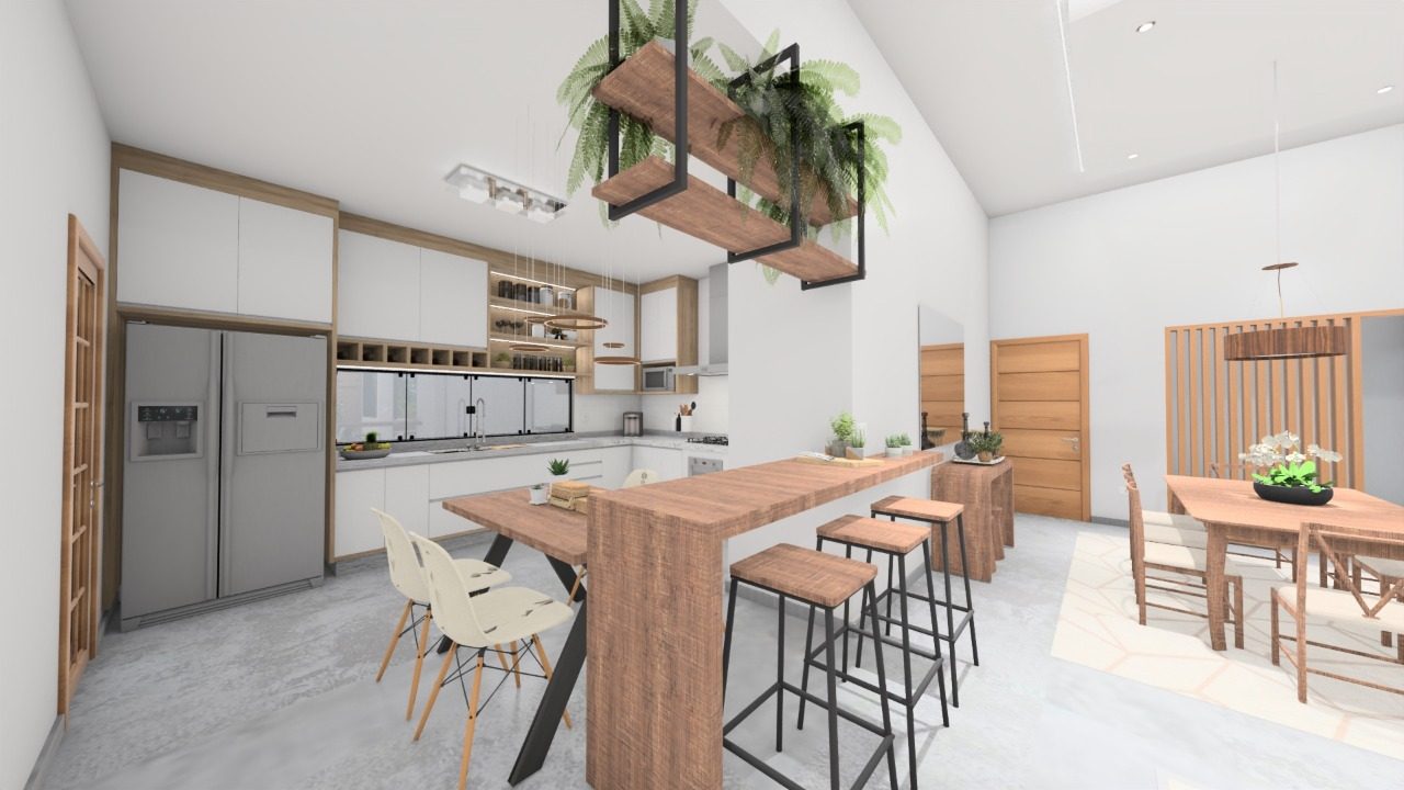 3D design of an open kitchen with a wood bar