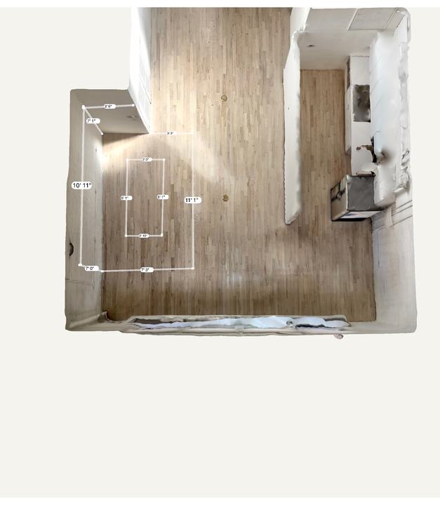 Top-down 3D model of a room captured with a Matterport camera