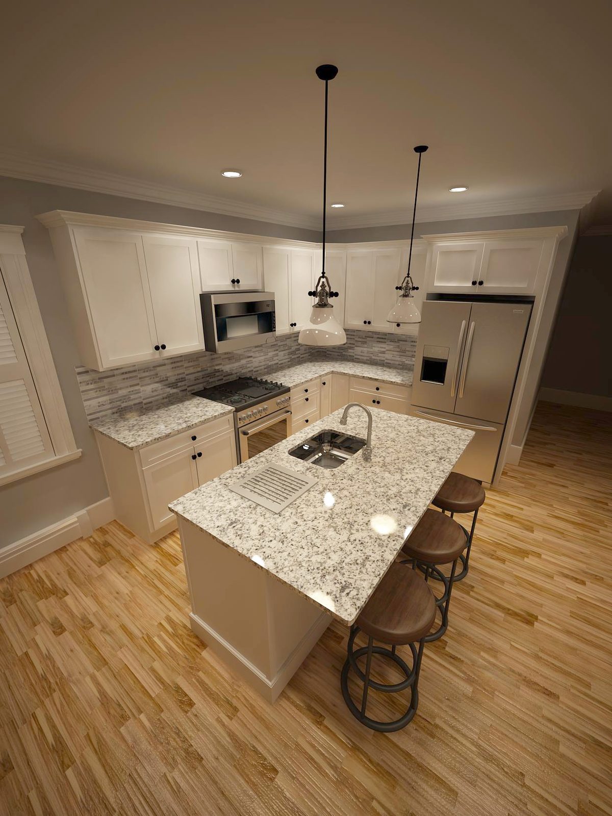 3D design of a white kitchen with a granite island