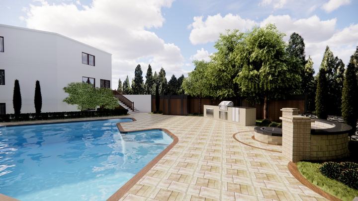 3D design of the new pool deck and outdoor kitchen