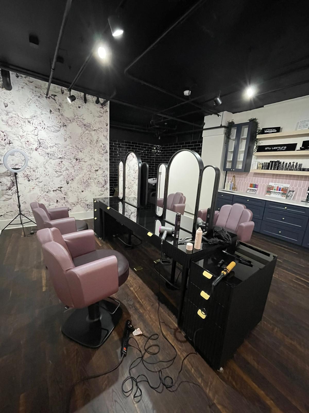Finished salon interior with styling stations